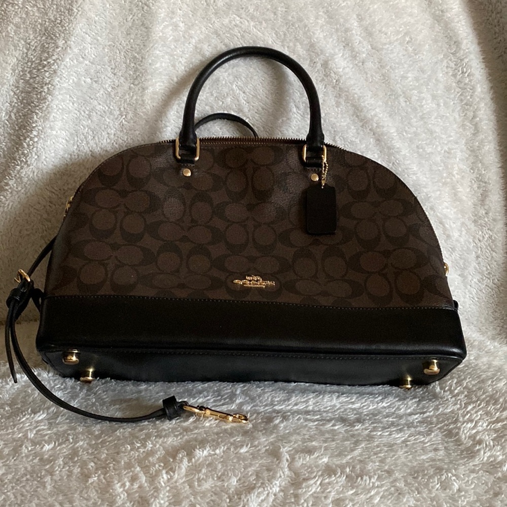 Coach Leather Satchel Brown Tonal Print with Black Accents and Gold Hardware